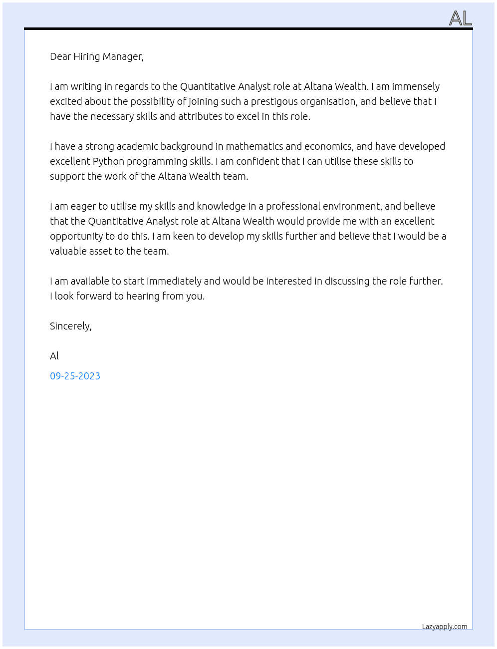 Quantitative Analyst At Altana Wealth Cover Letter