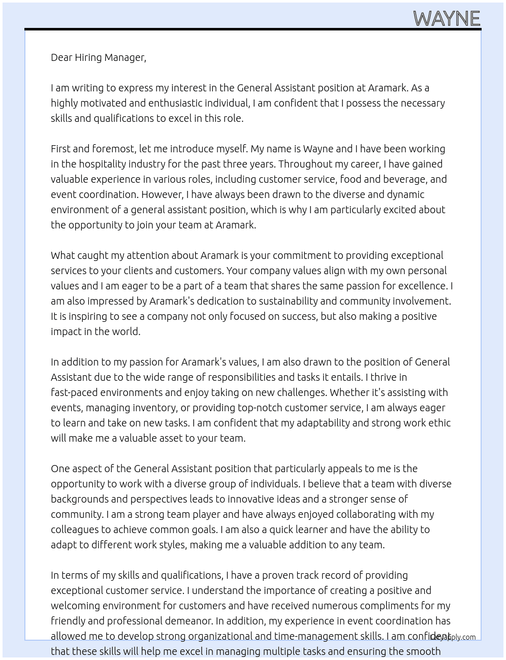 General Assistant At Aramark  Cover Letter