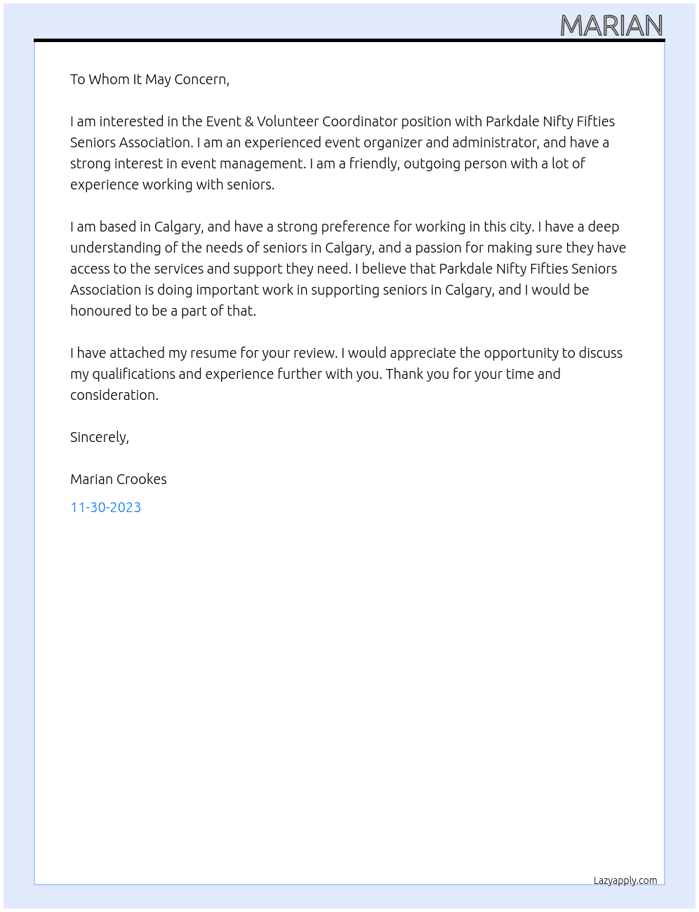 Event & Volunteer Coordinator At Parkdale Nifty Fifties Seniors Asssociation Cover Letter