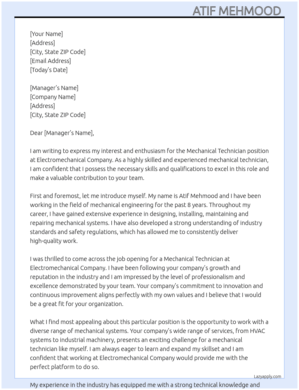 Mechanical technician  At Electromechanical company  Cover Letter