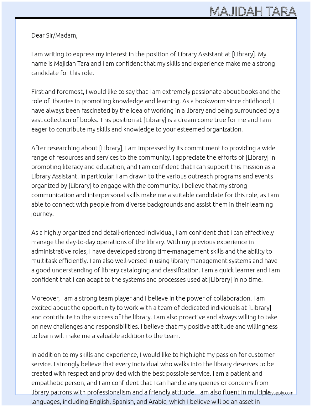 library assistant At Library Cover Letter