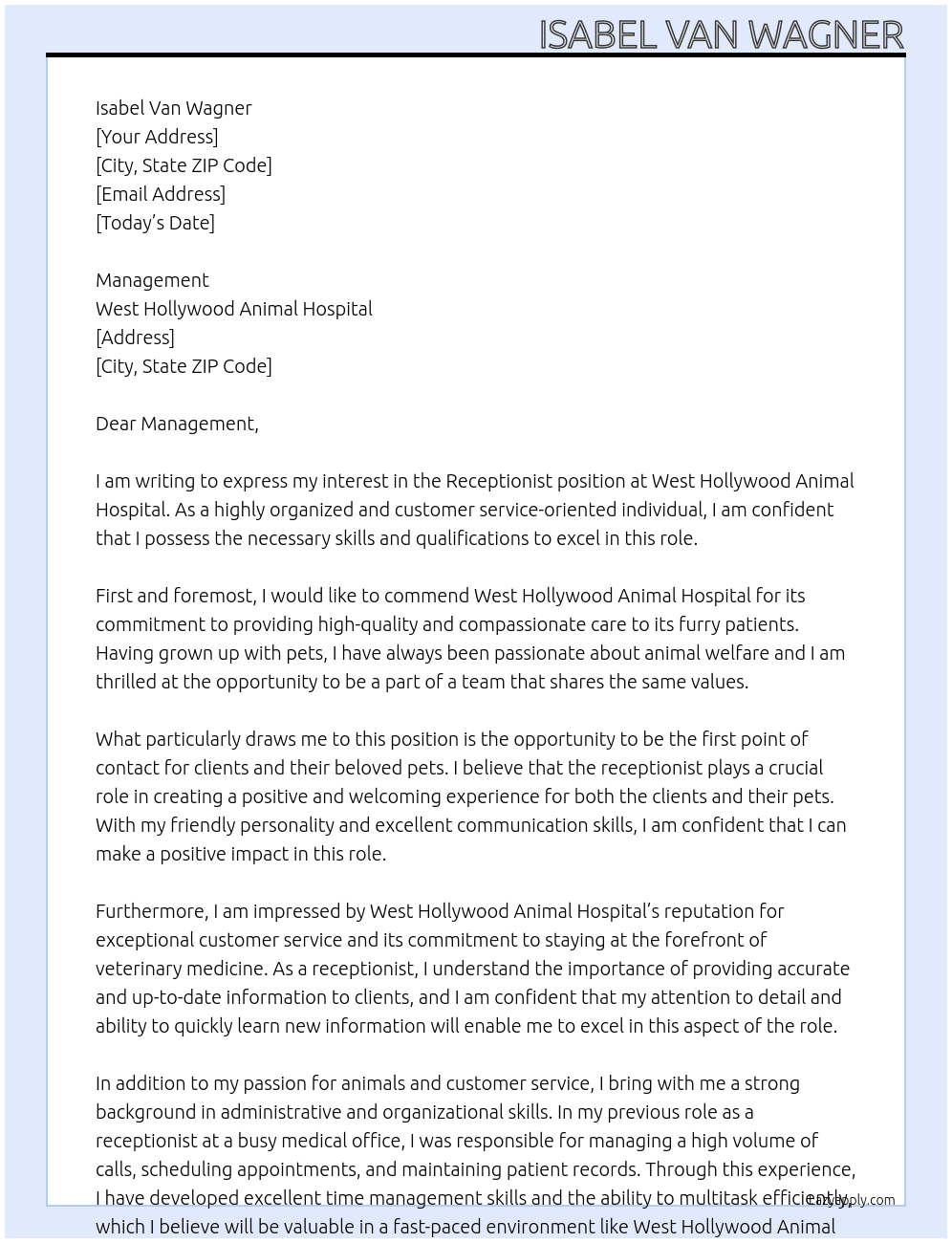 Receptionist  At West Hollywood Animal Hospital Cover Letter