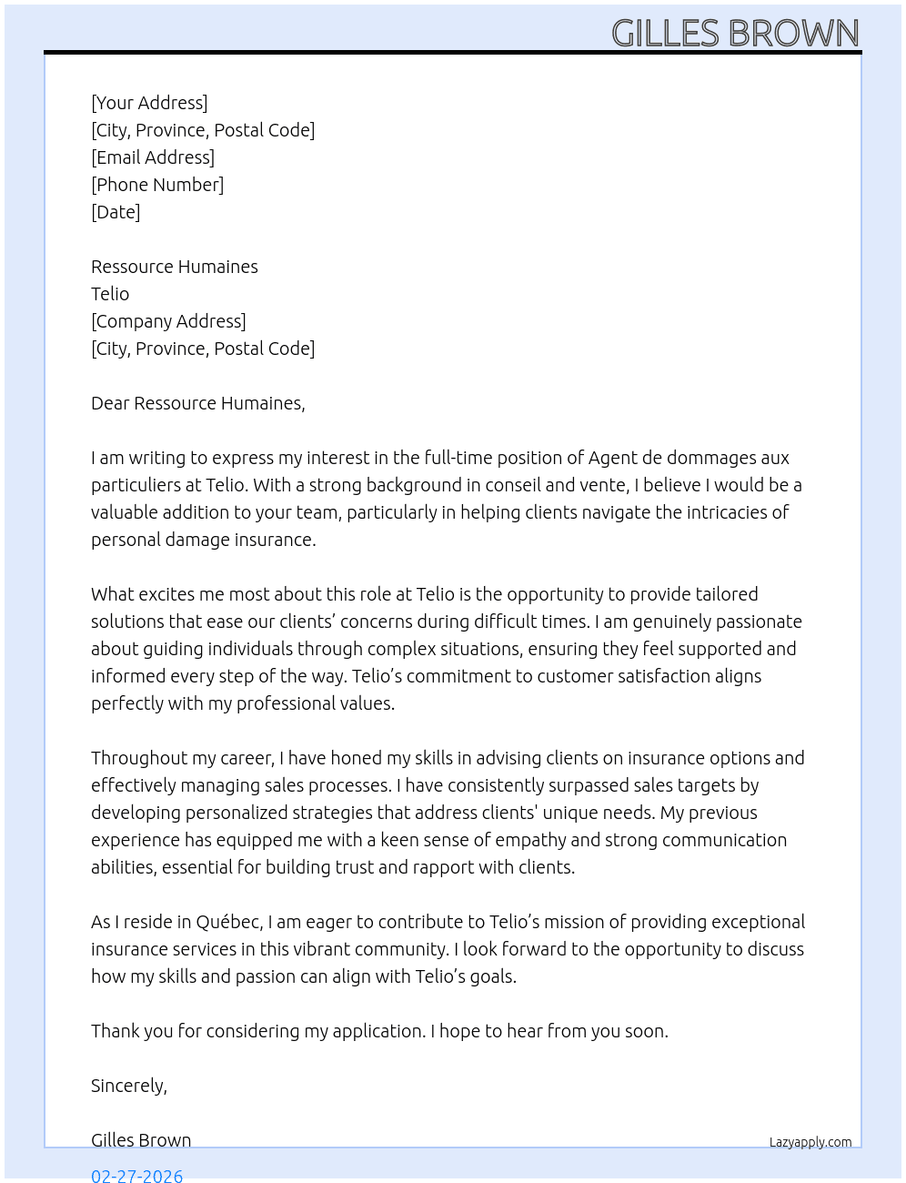 Agent de dommages aux particuliers At Telio Cover Letter