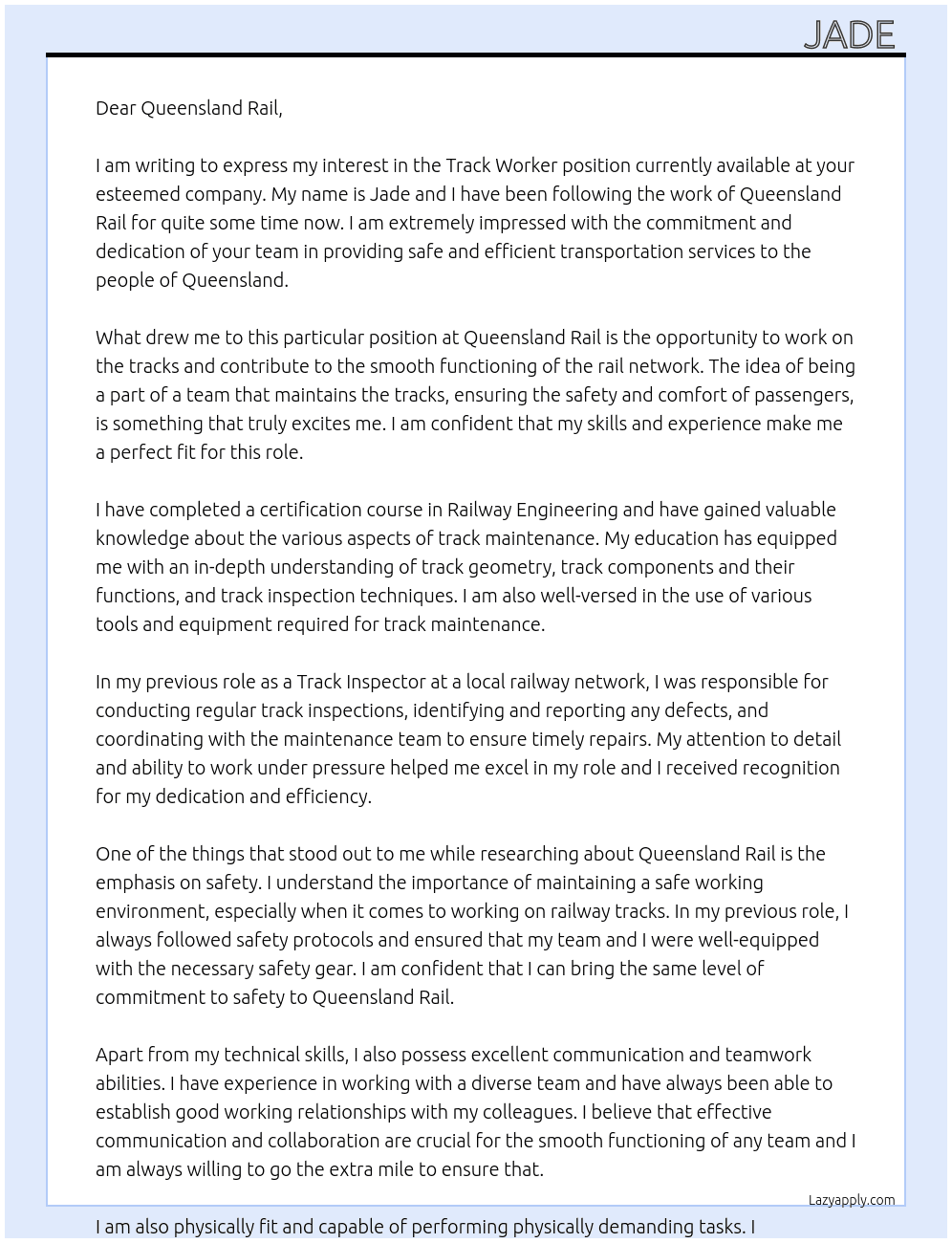 Track worker  At Queensland rail  Cover Letter