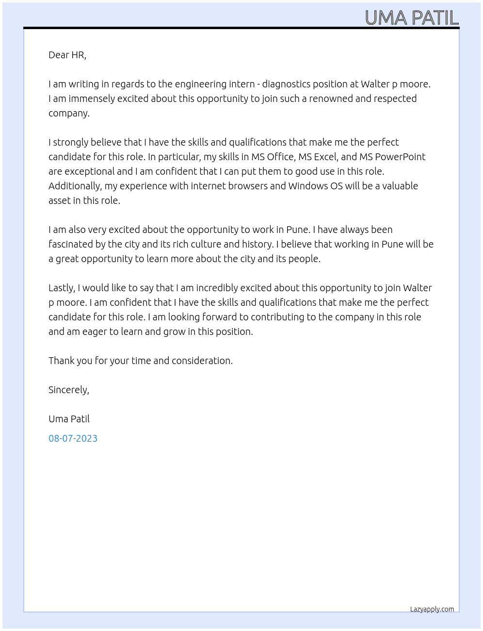 Engineering Intern - Diagnostics At Walter p moore Cover Letter