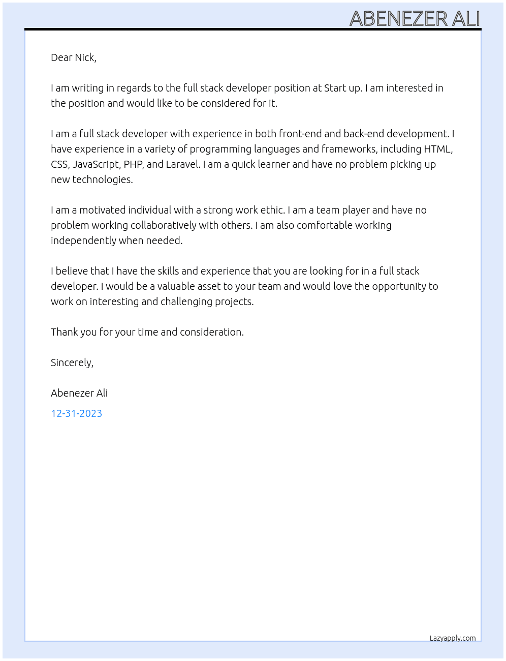 Full stack developer At Start up Cover Letter