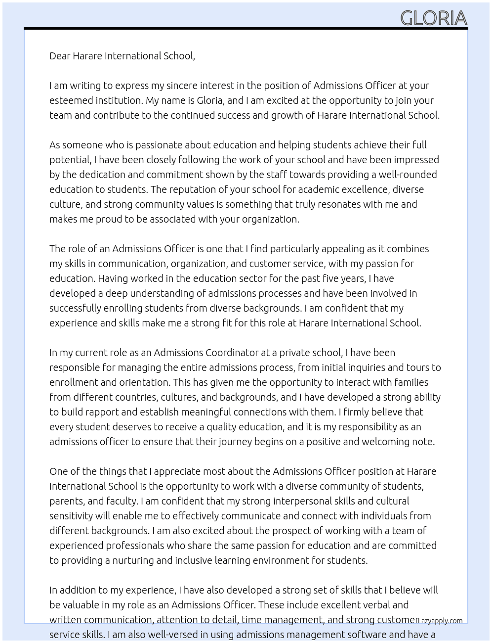 Admissions Officer At Harare International School Cover Letter