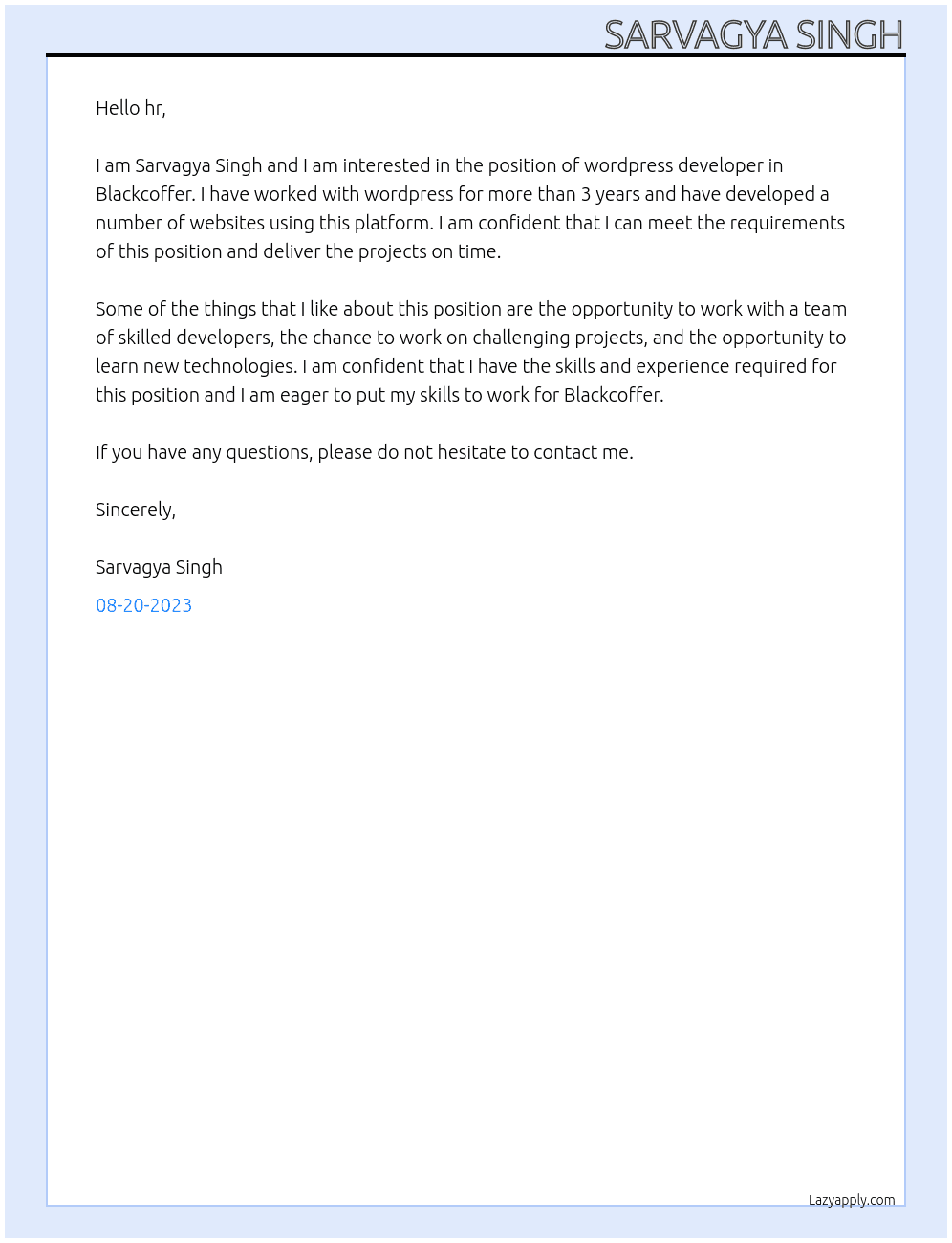 wordpress developer At Blackcoffer Cover Letter
