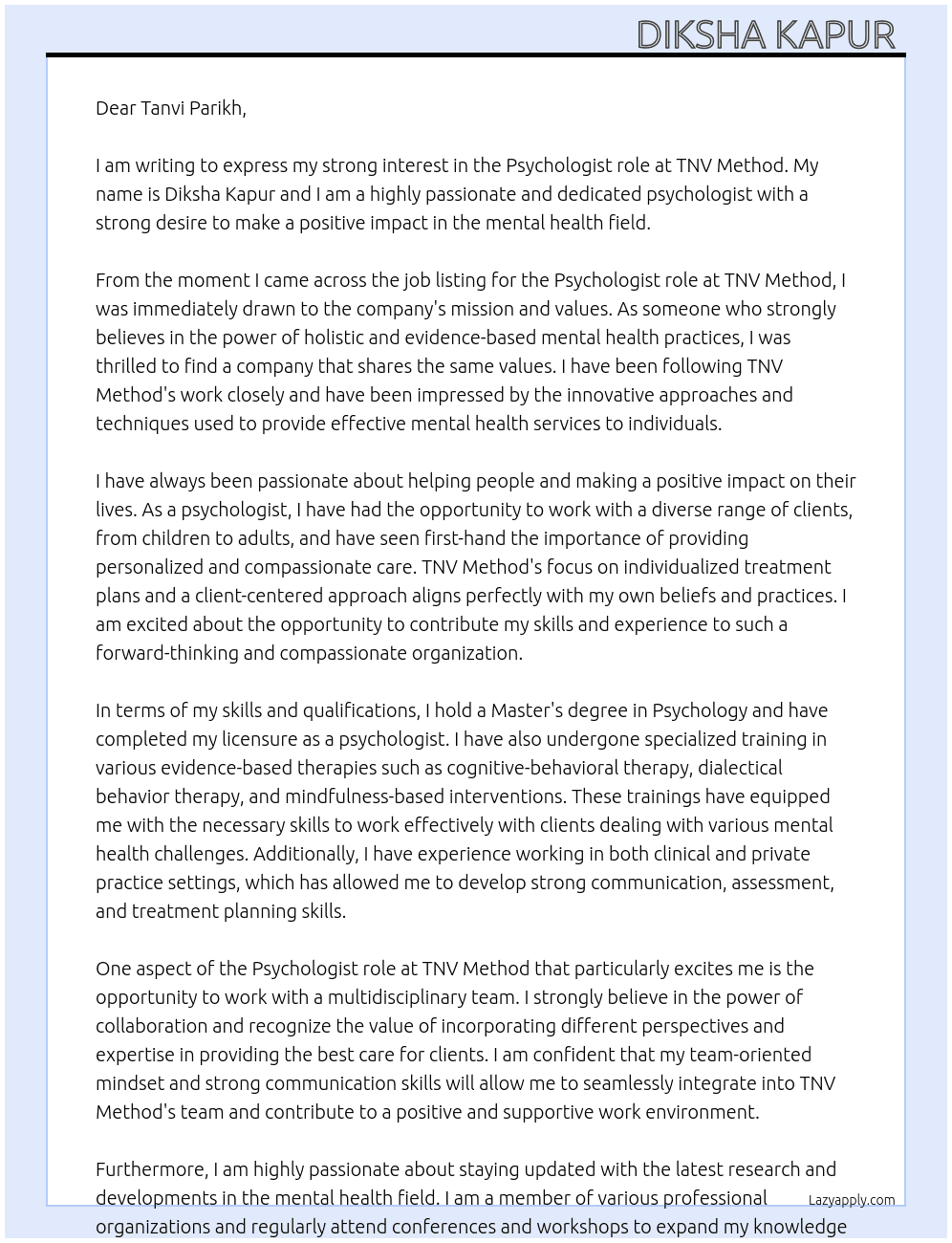 Psychologist role At TNV Method  Cover Letter