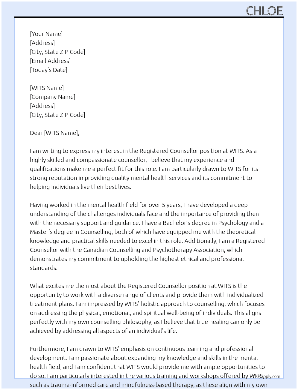 Registered Counsellor At WITS Cover Letter
