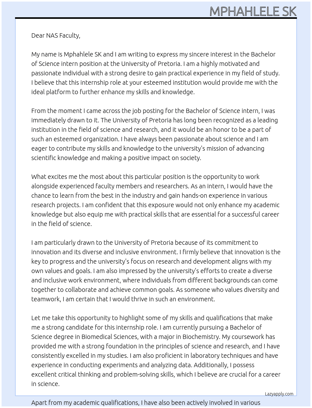 Bachelor of Science intern At University of Pretoria  Cover Letter