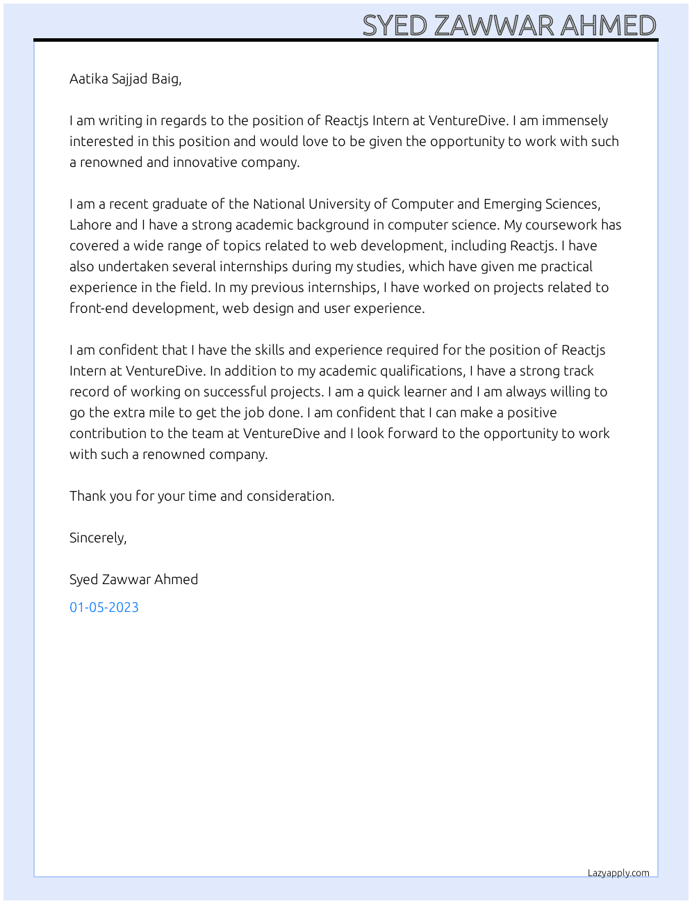 Reactjs Intern At VentureDive  Cover Letter