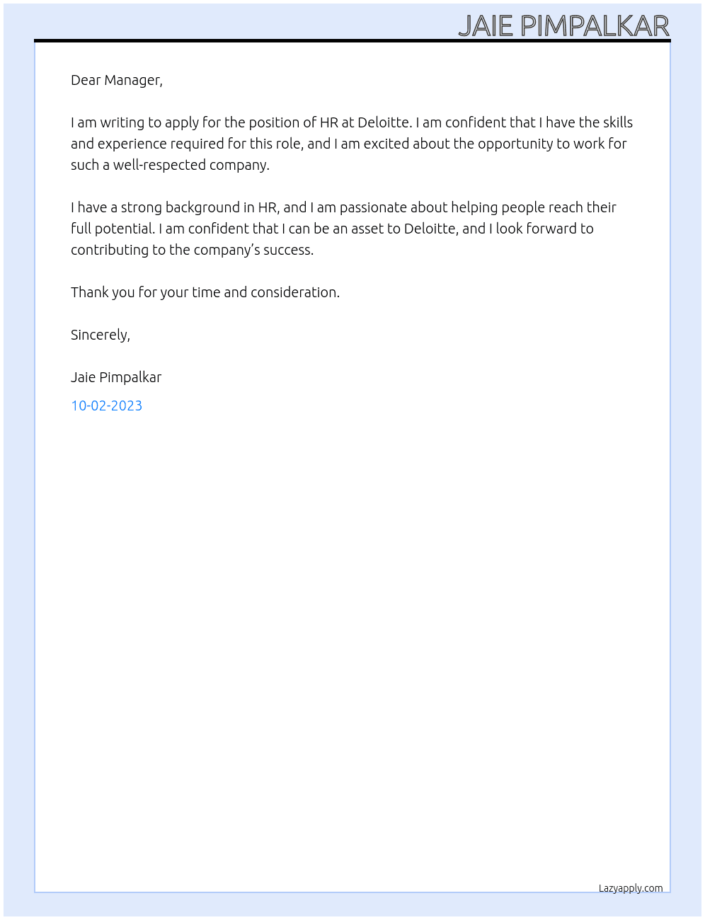 HR At deliotte Cover Letter