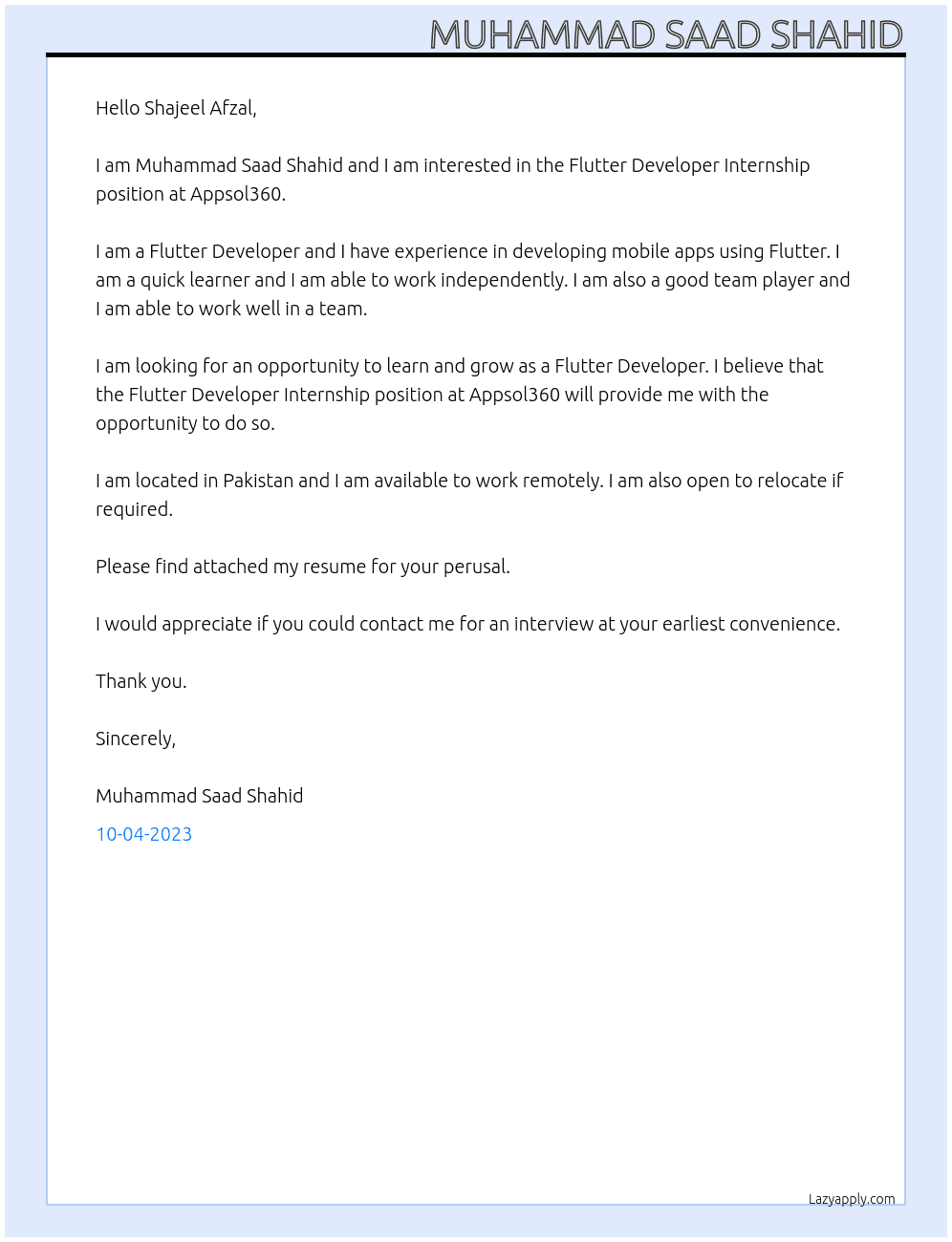 Flutter Developer Internship At Appsol360 Cover Letter