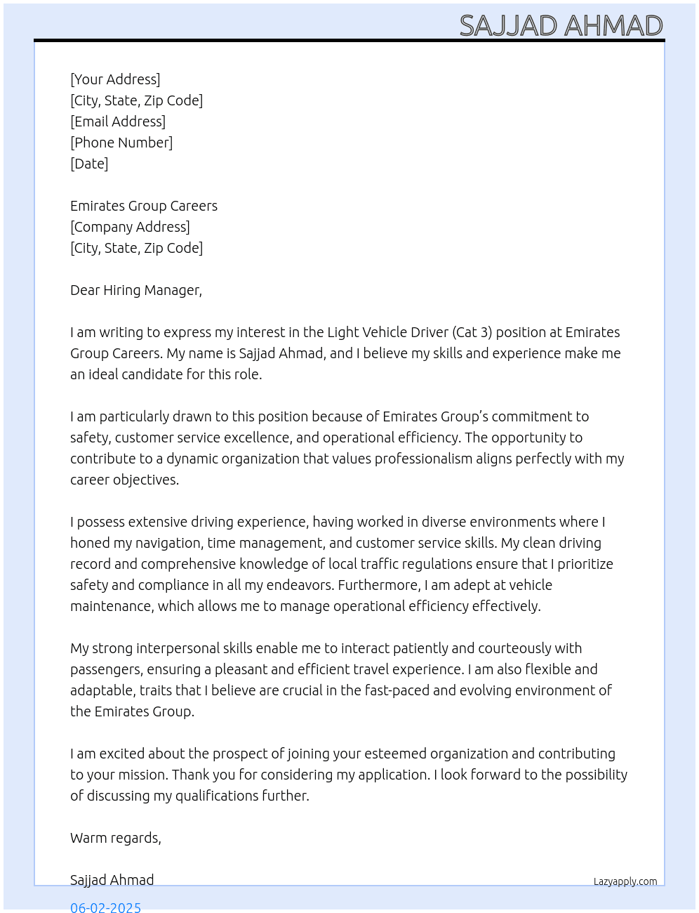 LIGHT VEHICLE DRIVER(CAT 3) At Emirates group careers Cover Letter
