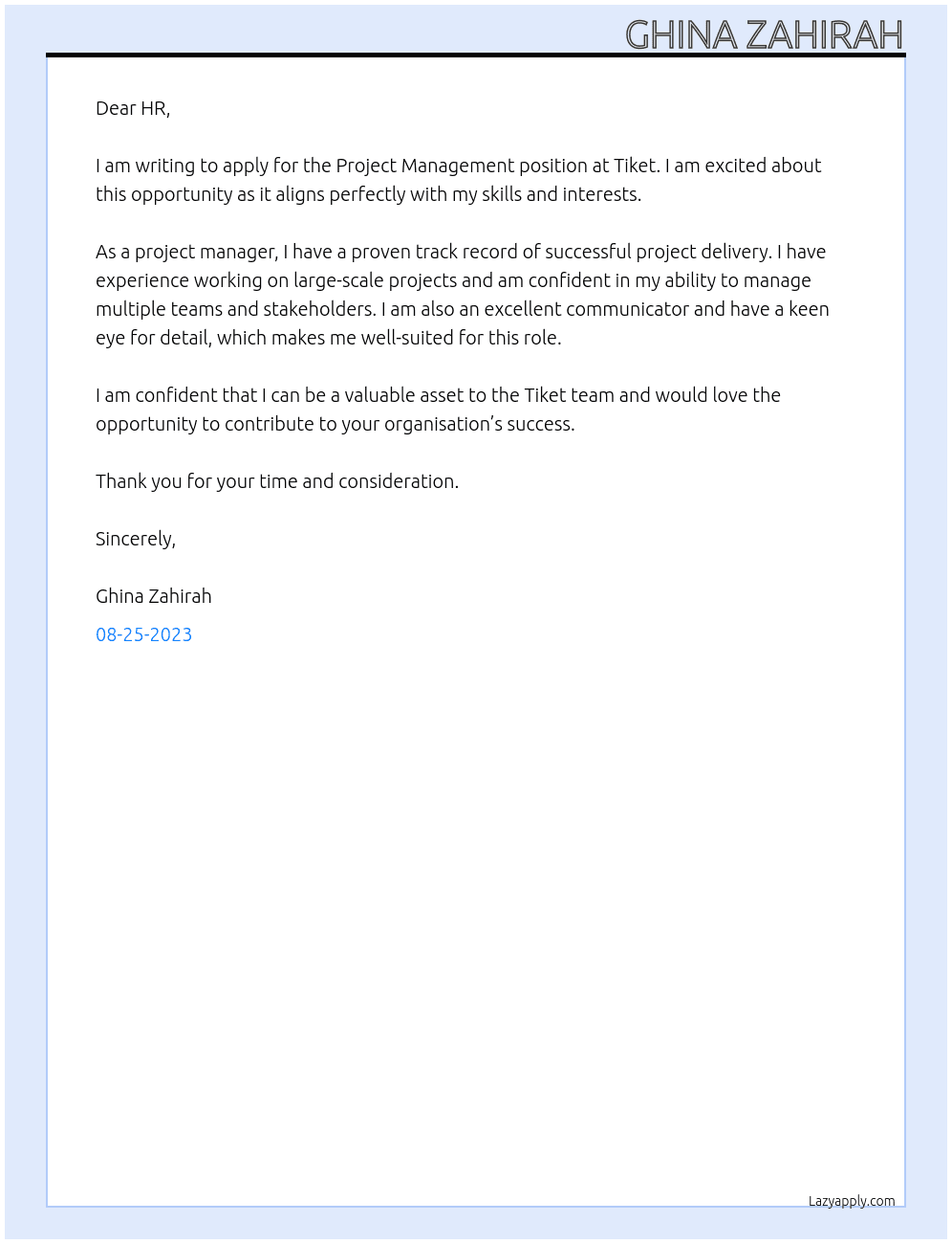 Project Management At Tiket Cover Letter
