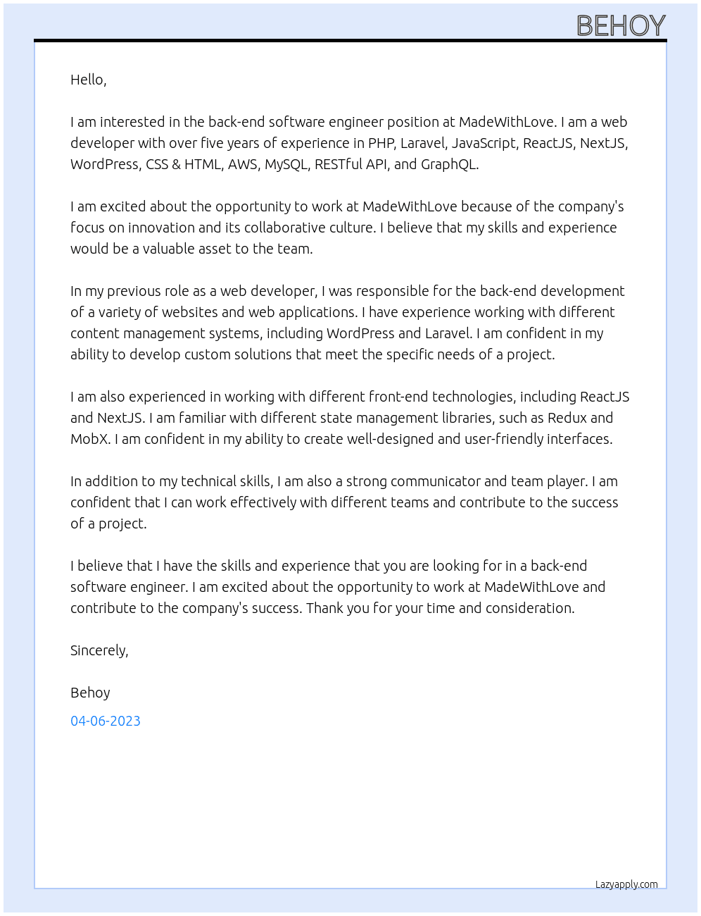 back-end software engineer At MadeWithLove Cover Letter