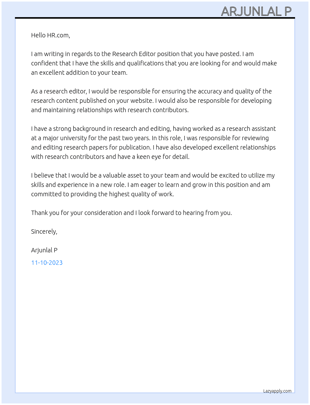 Research editor  At HR.com Cover Letter