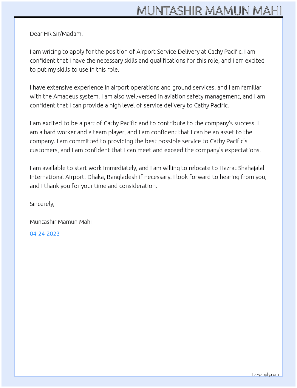 Airport Service Delivery  At Cathy Pacific  Cover Letter