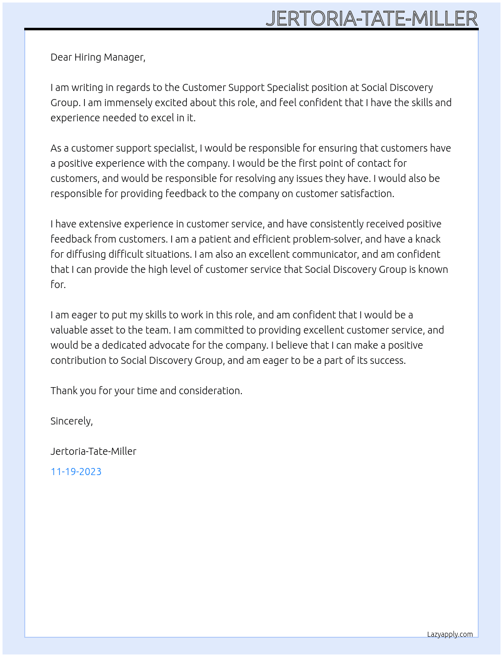 Customer support Specialist At Social Discovery Group Cover Letter