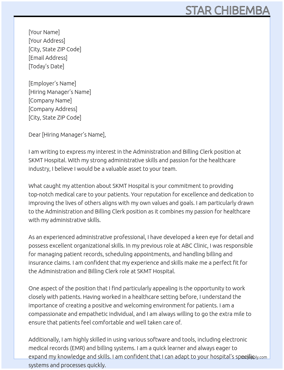 administration and billing clerk At SKMT Hospital Cover Letter