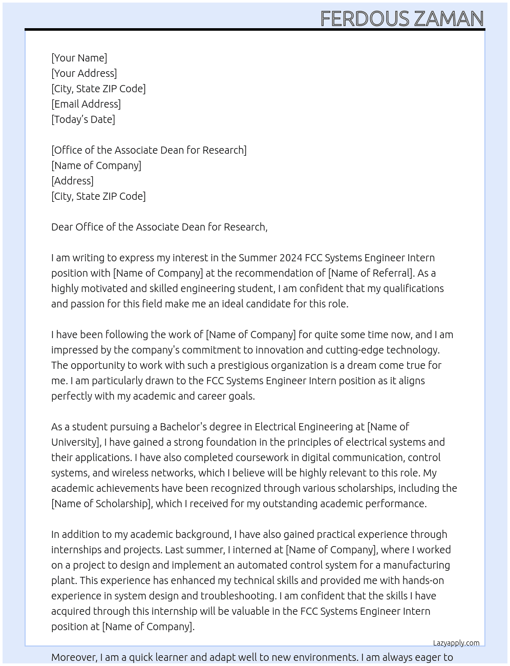 Summer 2024 - FCC Systems Engineer Intern At RIT Cover Letter