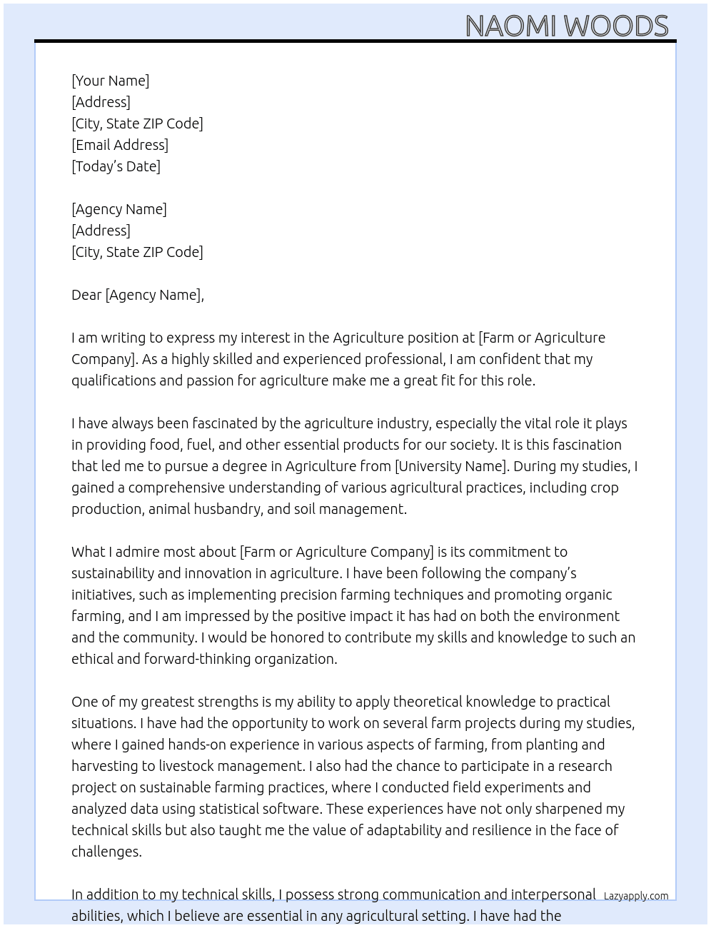 Agriculture  At Farm or agriculture  Cover Letter