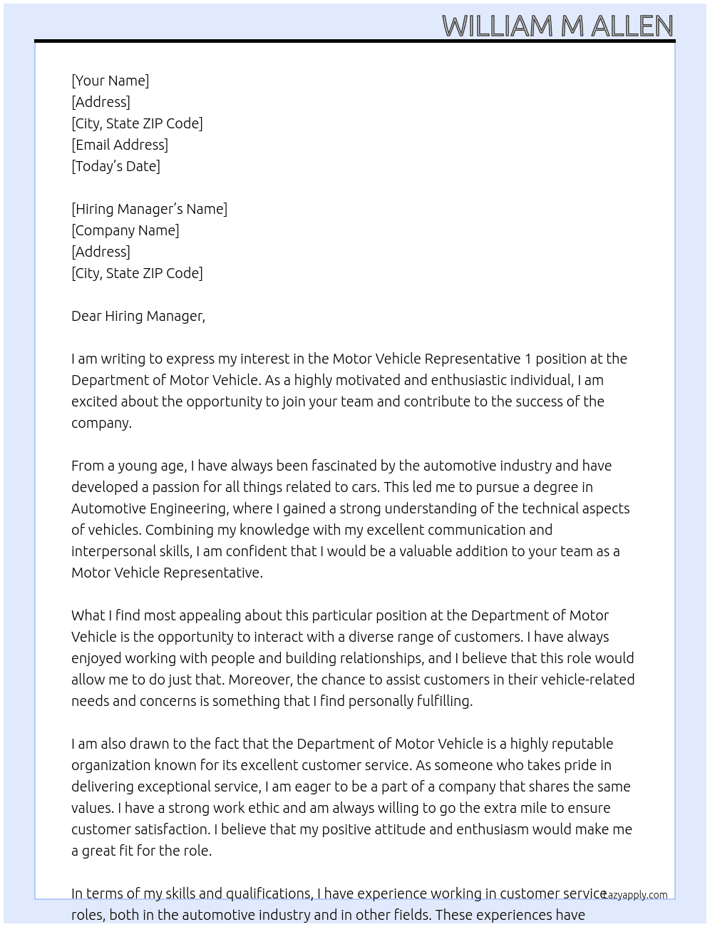 Motor Vehicle Representative 1 At Department of Motor Vehicle Cover Letter