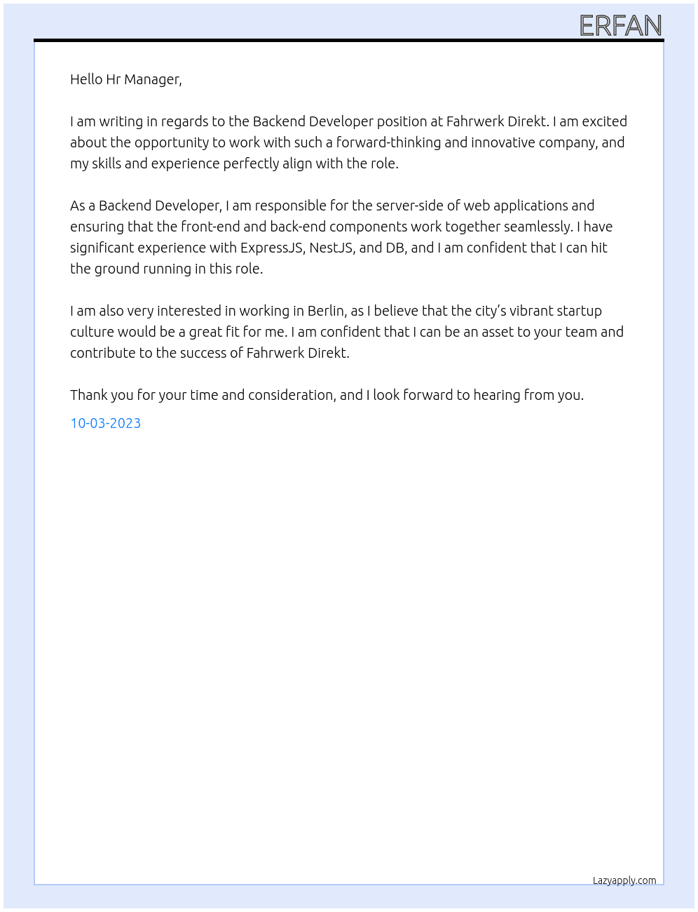 Backend Developer  At Fahrwerk Direkt Cover Letter