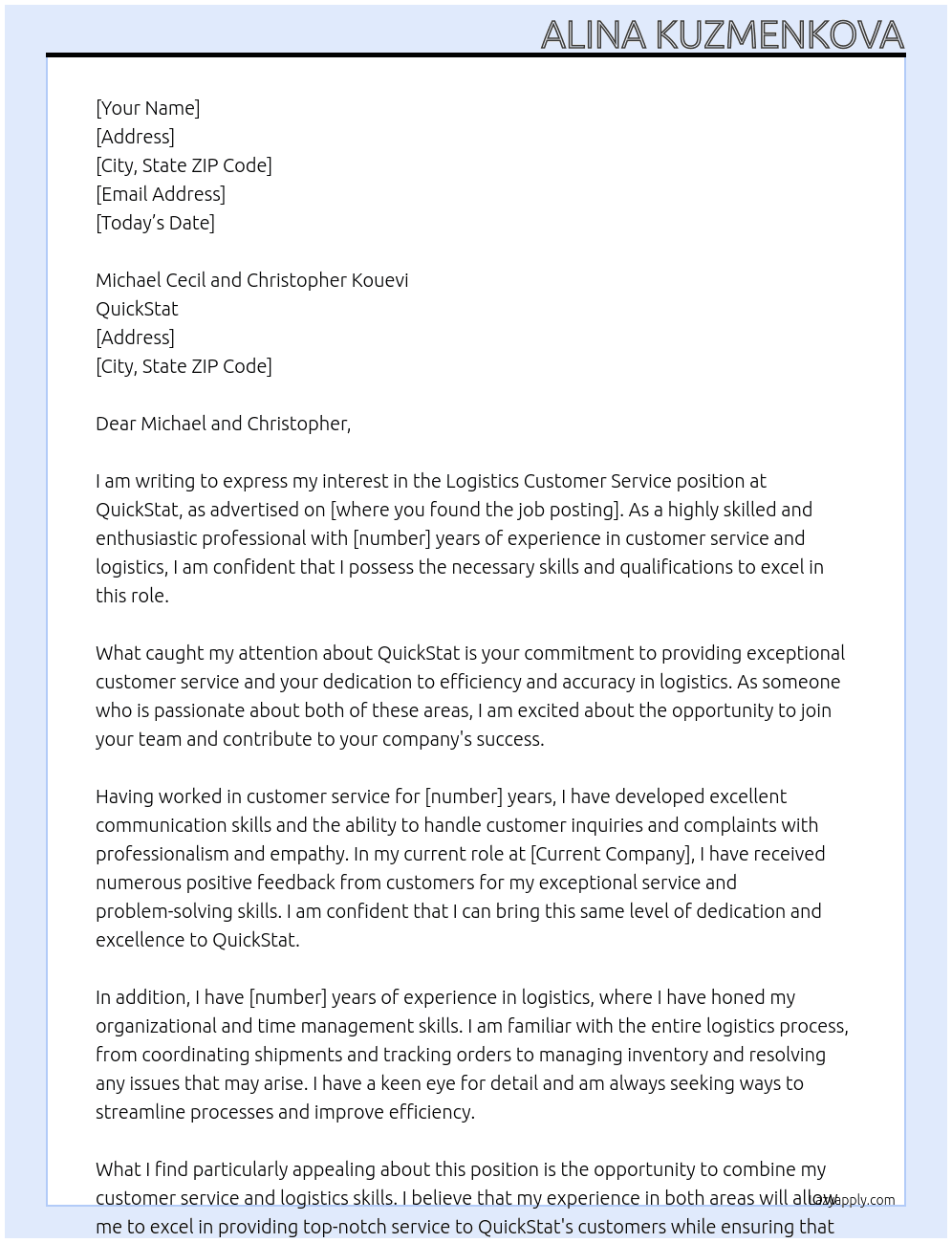 logistics customer service  At QuickStat Cover Letter