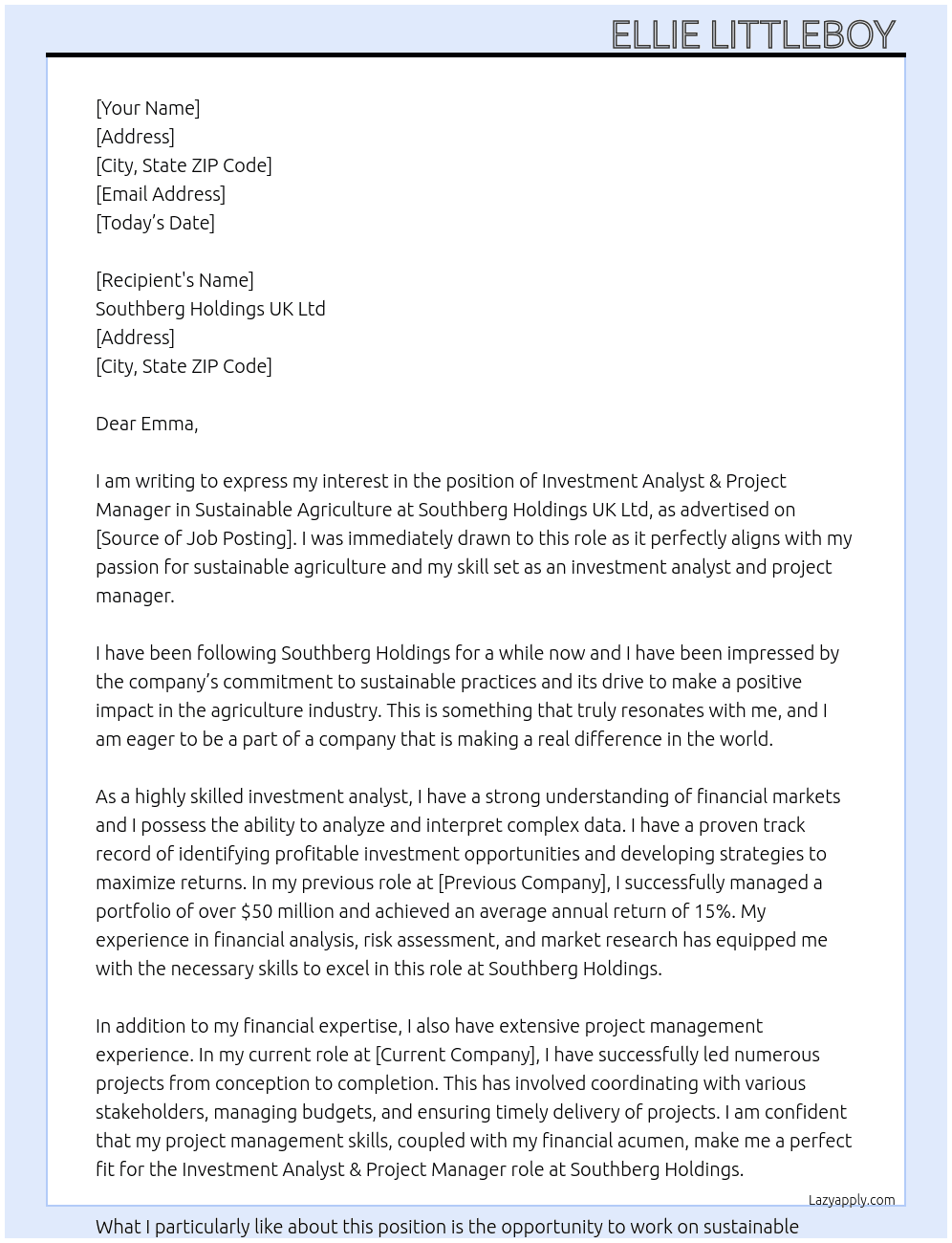 Investment Analyst & Project Manager In Sustainable Agriculture At Southberg Holdings UK Ltd Cover Letter
