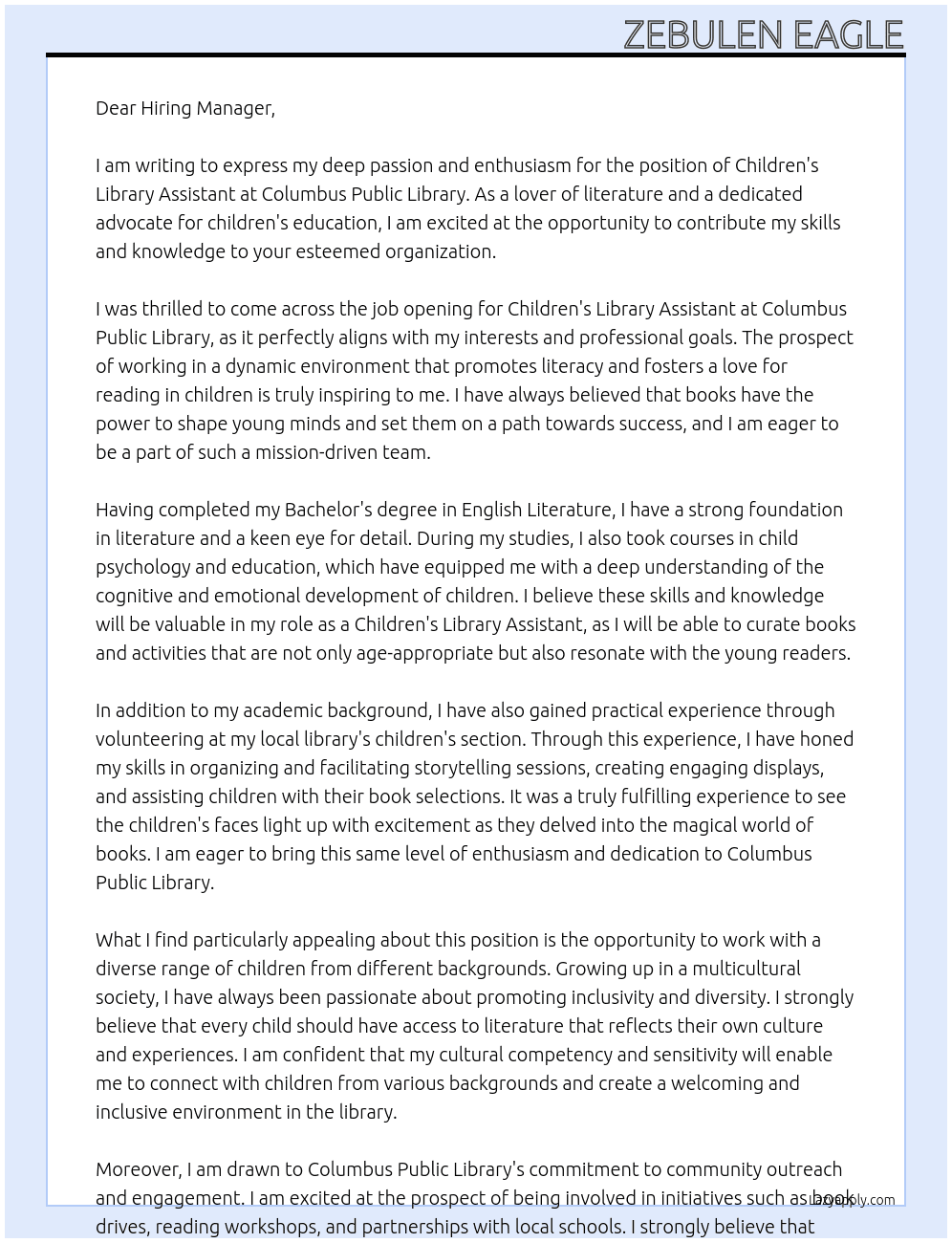 Children's Library Assistant At Columbus Public Library Cover Letter