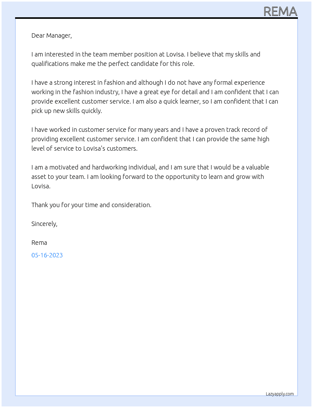 Team member of lovisa At Lovisa Cover Letter