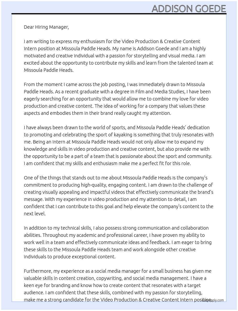 Video Production & Creative Content Intern  At Missoula Paddle Heads Cover Letter