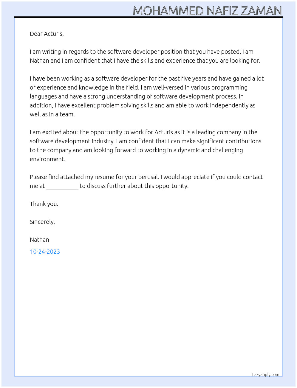 software developer At Acturis Cover Letter