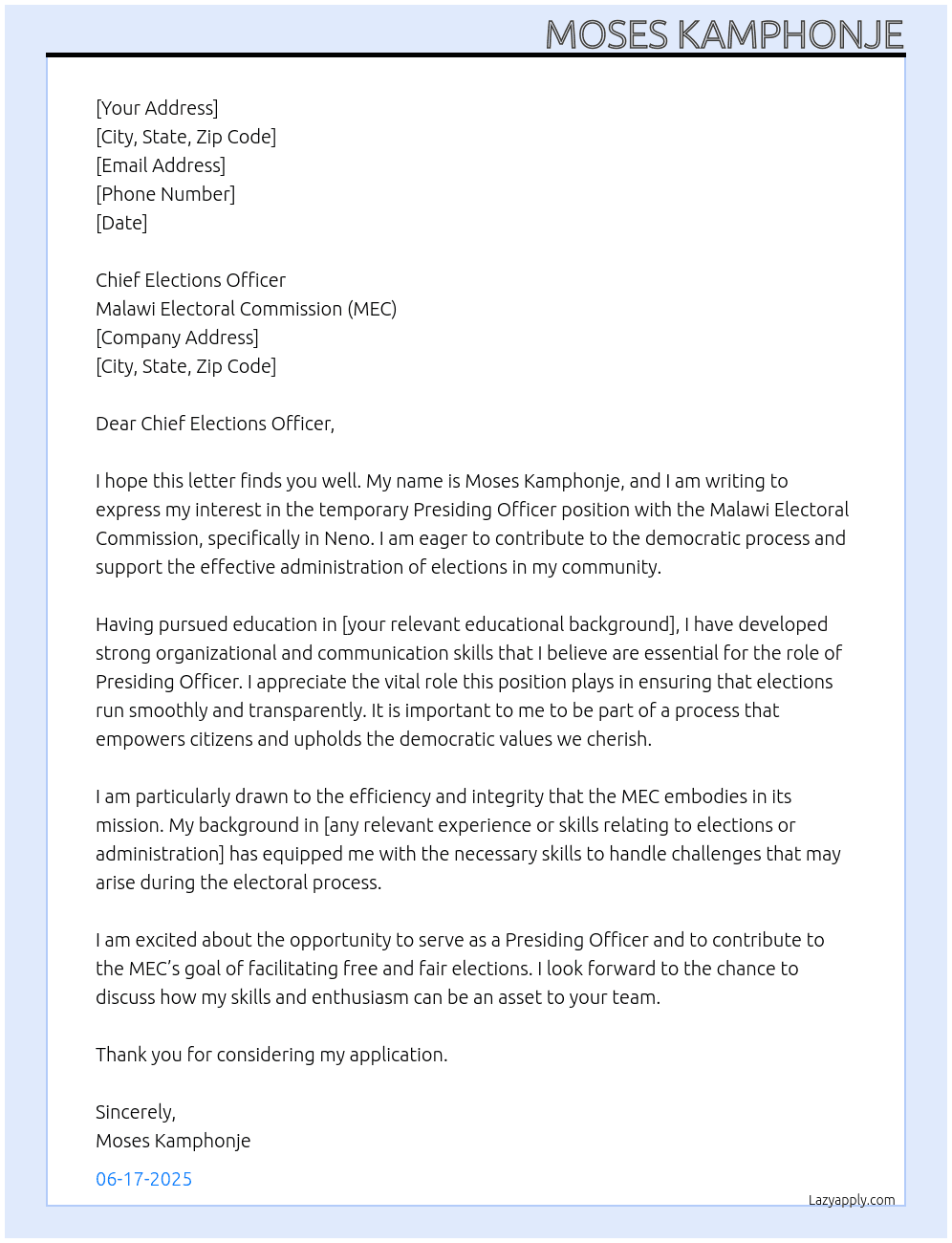 presiding officer At MEC Cover Letter