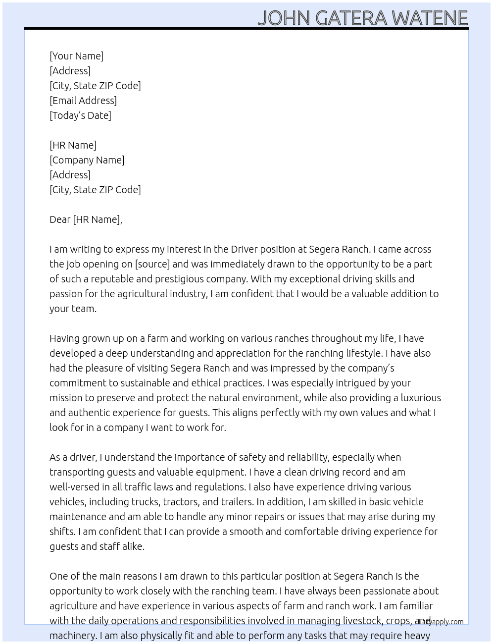 Driver At Segera ranch Cover Letter