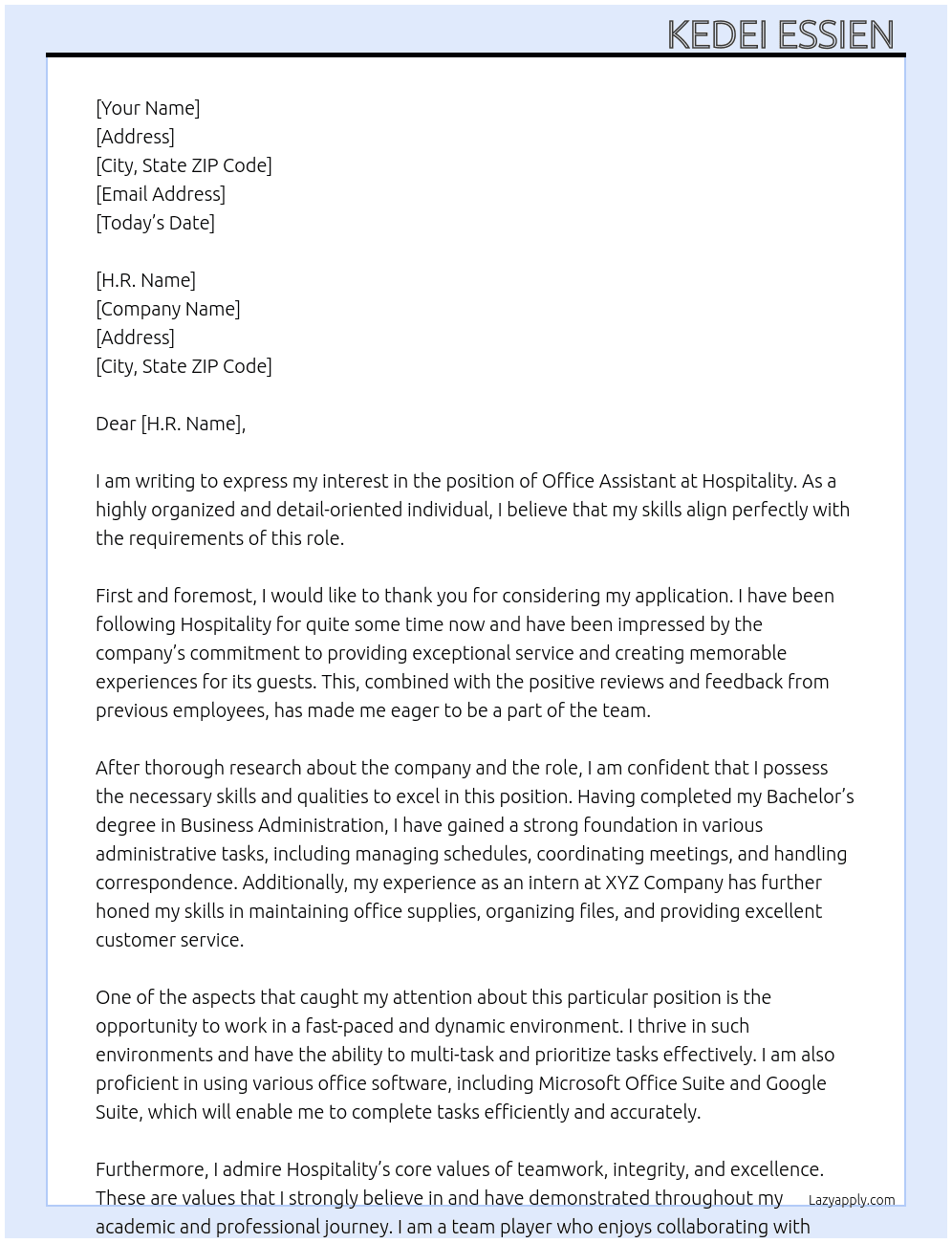 Office assistant  At Hospitality  Cover Letter