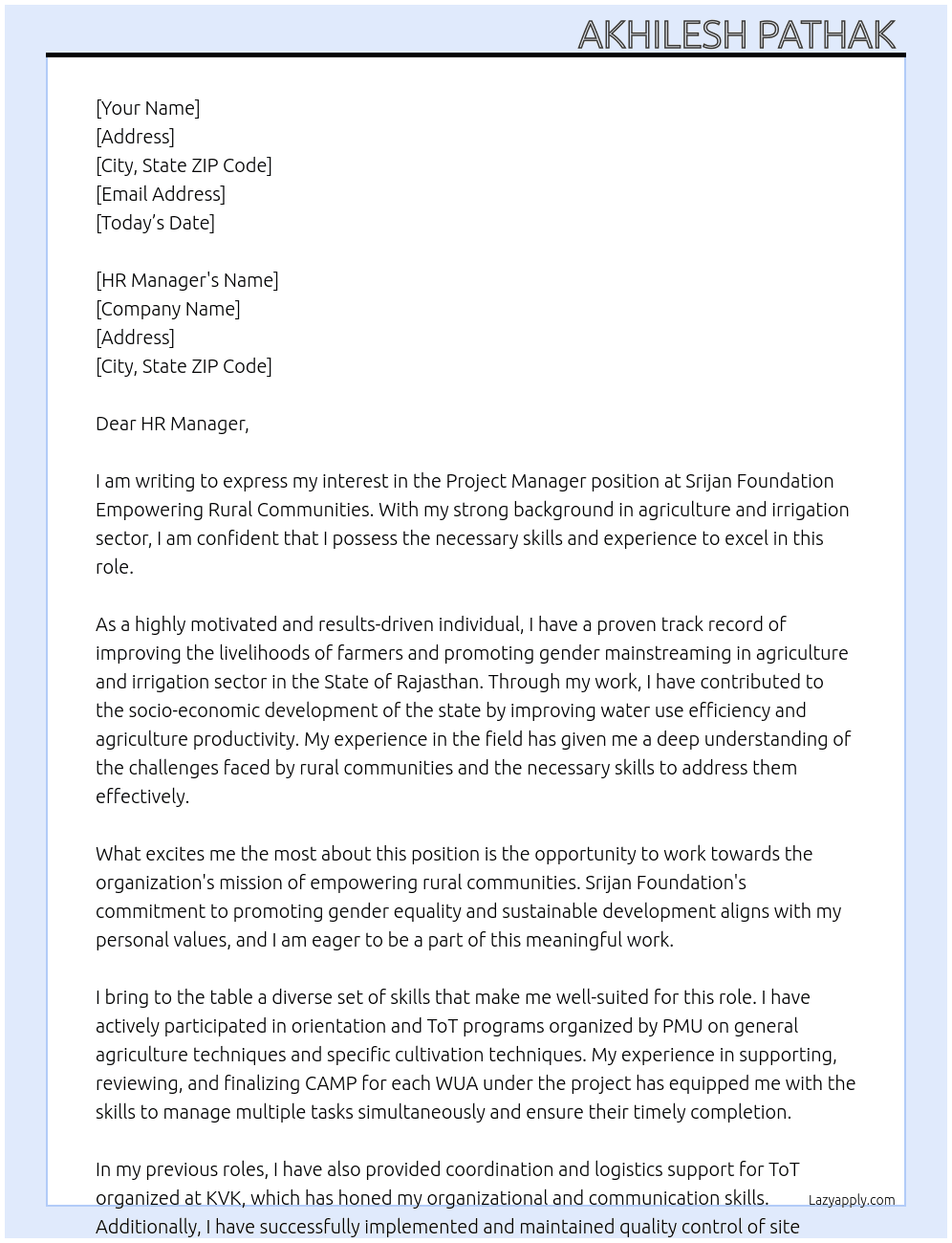 Project Manager  At Srijan foundation empowering rural communities  Cover Letter