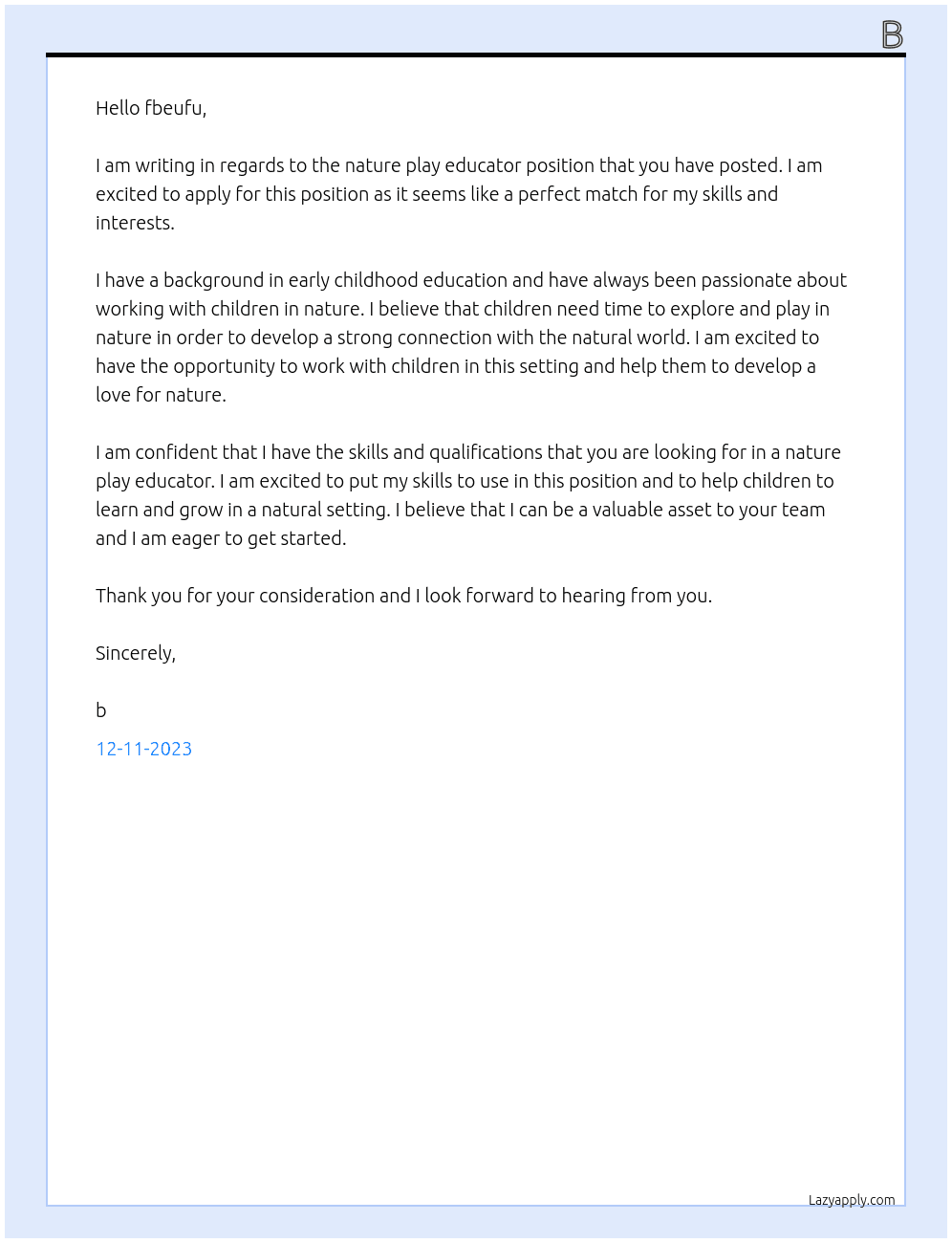 nature play educator At bfrr Cover Letter