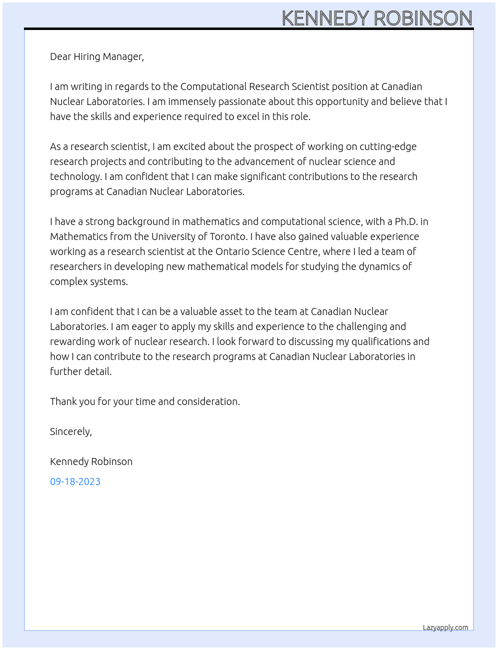 Computational Research Scientist At Canadian Nuclear Laboratories Cover Letter