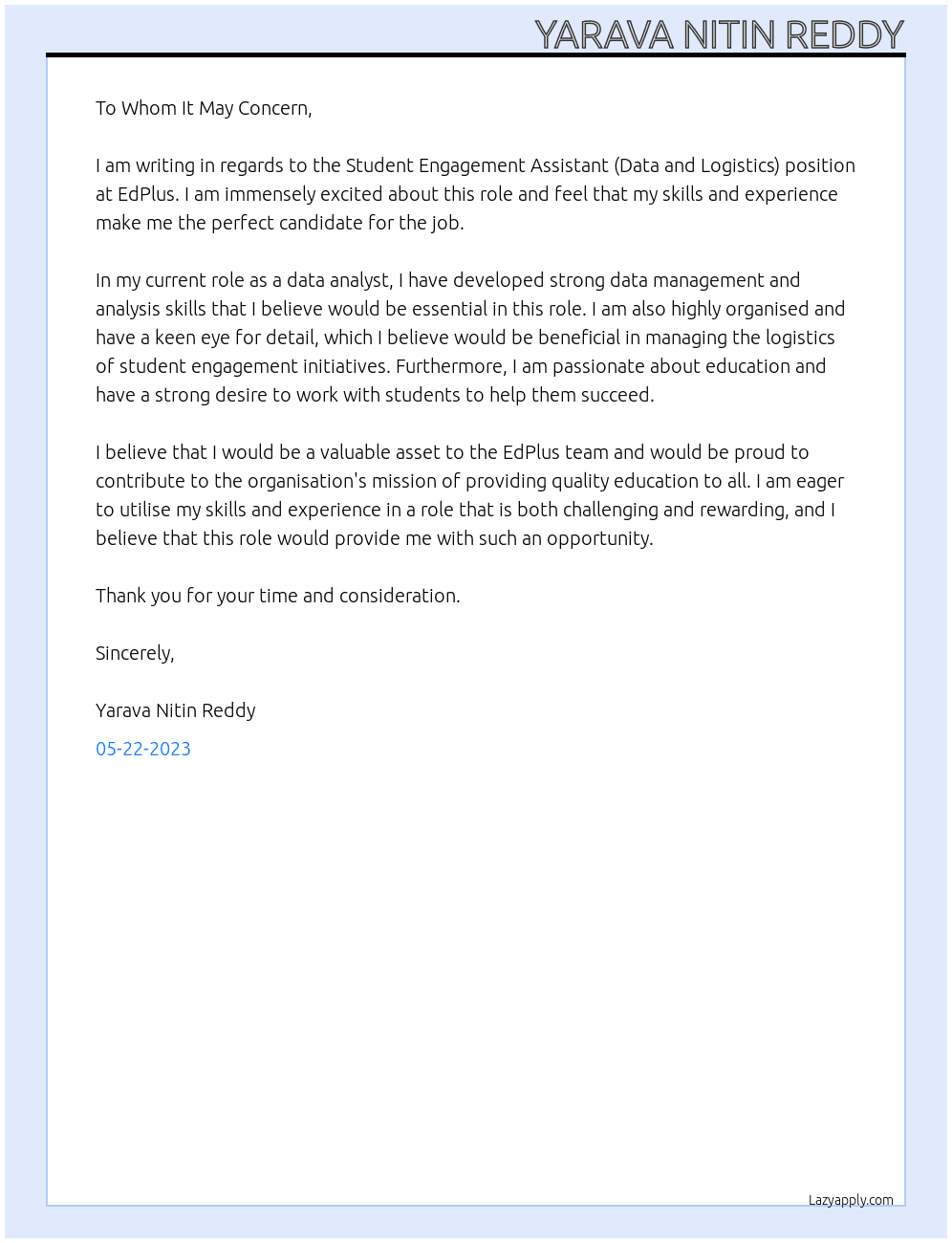 Student Engagement Assistant (Data and Logistics) At EdPlus Cover Letter