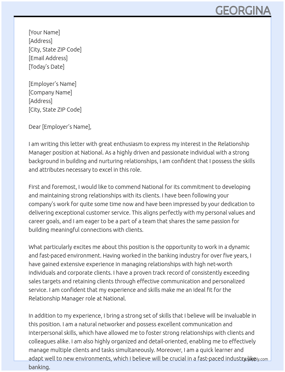 Relationship manager At National  Cover Letter