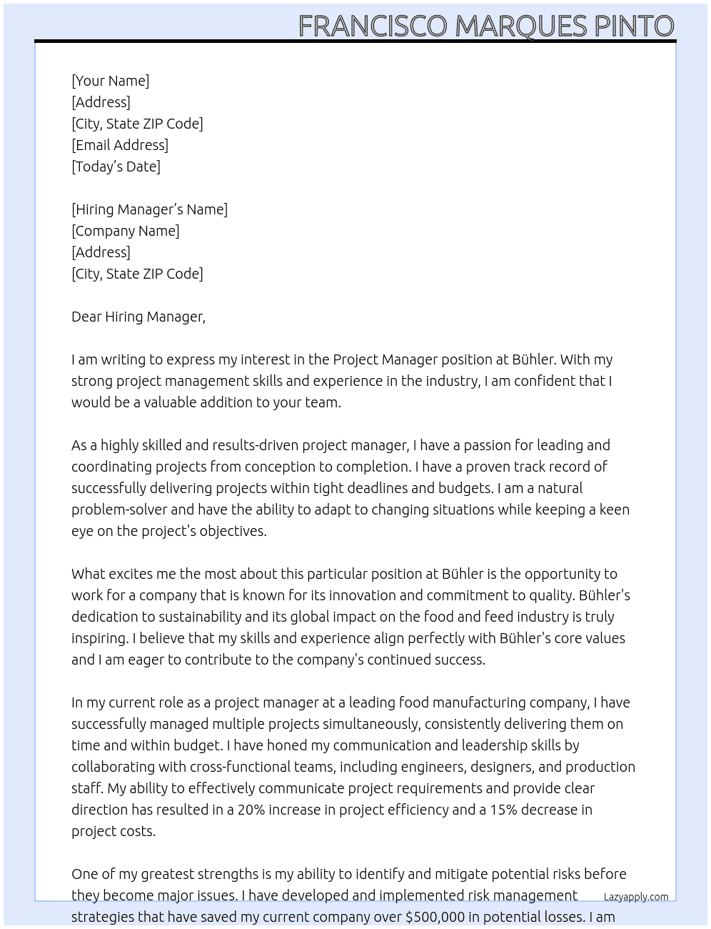 Project manager At Bühler Cover Letter