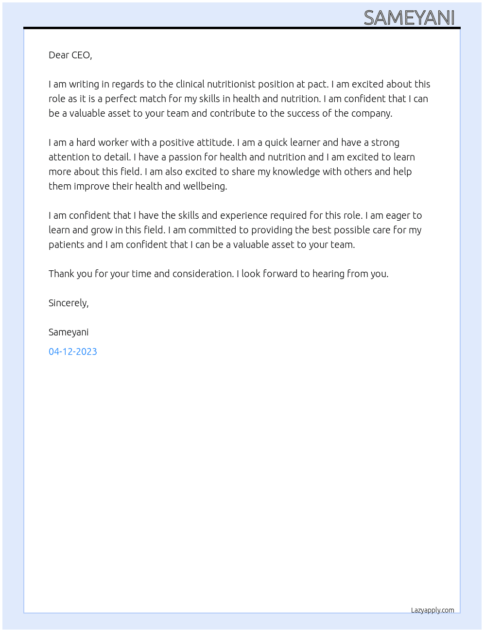 clinical Nutritionist At pact Cover Letter
