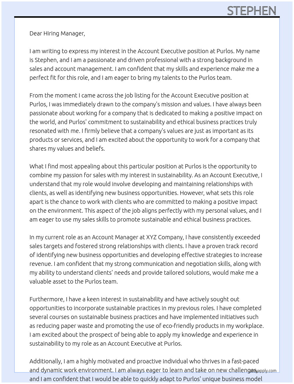 Account Executive At Purlos Cover Letter