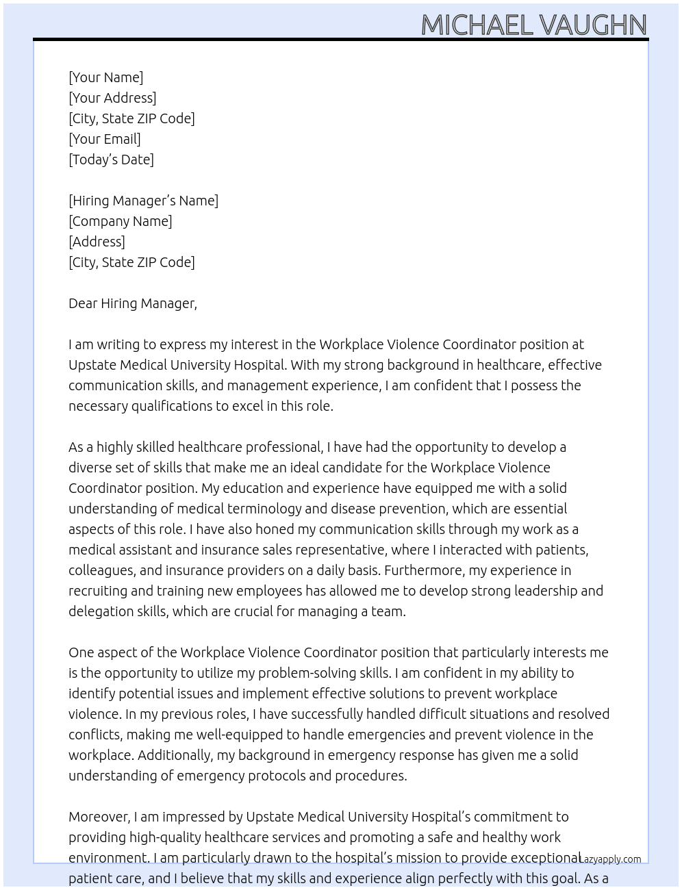 Workplace Violence Coordinator  At Upstate Medical University Hospital  Cover Letter