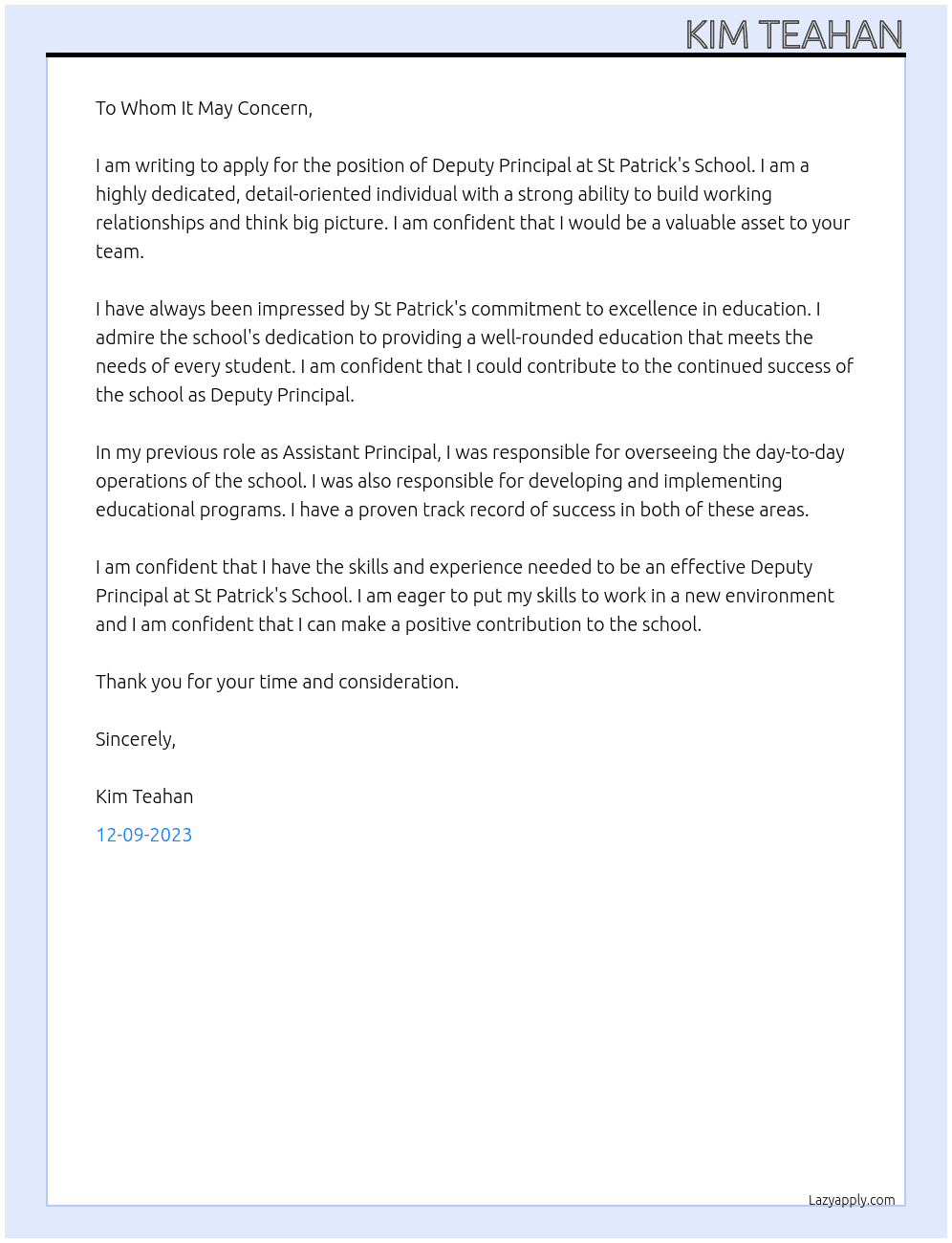 Deputy Principal At St Patrick's School Cover Letter