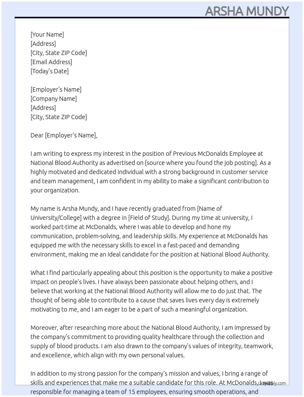 Previous McDonalds Employee  At National Blood Authority Cover Letter