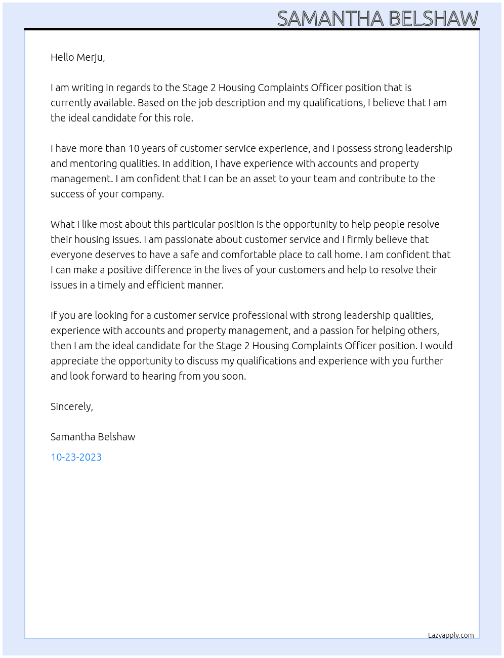 Stage 2 Housing Complaints Officer At Merju Cover Letter